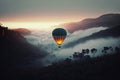 Hot air balloon flying over foggy mountains at sunrise. Generative AI