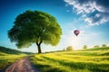 Hot air balloon flying over green meadow on a sunny day with beautiful clouds and a winding road Royalty Free Stock Photo