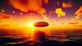 Hot air balloon flying over large body of water during sunset. Generative AI Royalty Free Stock Photo