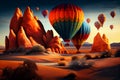 Hot air balloon flying over mountain landscape scene ,generative AI Royalty Free Stock Photo