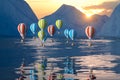 Hot air balloon flying over the ocean, 3d rendering Royalty Free Stock Photo