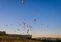 Hot air balloon flying over rock landscape at Cappadocia Turkey Royalty Free Stock Photo