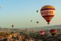 Hot air balloon flying over rock landscape at Cappadocia Turkey at the May 05, 2018 Royalty Free Stock Photo