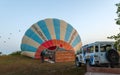 Hot air balloon flying over rock landscape at Cappadocia Turkey at the May 05, 2018 Royalty Free Stock Photo