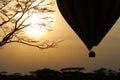 Hot air balloon flying over savannah at sunrise, Serengeti National Park, Tanzania Royalty Free Stock Photo