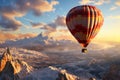 Hot Air Balloon Flying Over Snowy Hills for Winter Vacation in Cappadocia Turkey Royalty Free Stock Photo