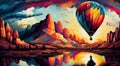 Hot air balloon flying over vibrant mountain range ,generative AI