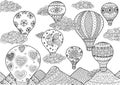 Hot air balloon flying, zentangle stylized for coloring book for anti stress for both adult and children - stock