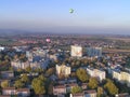 Hot air balloon gliding over the Taunus landscape direction Wetterau