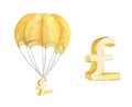 Hot air balloon with Golden Pound. Watercolor illustration. Royalty Free Stock Photo