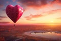 A hot air balloon gracefully soars above a tranquil lake, creating a breathtaking view with picturesque sunset, A heart-shaped hot