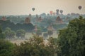 Hot air balloon over ancient pagoda in Bagan, Myanmar