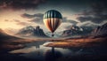 Hot Air Balloon Over Beautiful Landscape With Lake And Mountains - Generative AI Royalty Free Stock Photo