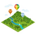 Hot air balloon over the forest, over the mountains and clouds. Flat 3d vector isometric illustration hot air balloons
