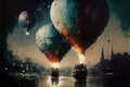 Hot air balloon over the lake vintage abstract acryl painting.Generative ai