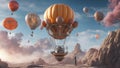 hot air balloon over region country A space adventurer in a suit and a mask rides on a big balloon that is propelled by rockets