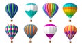 Hot air balloon. Realistic airship with basket in flight. Striped dome. Summer journey and creative travel concept. Sky