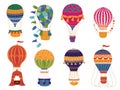 Hot air balloon. Retro flying transport, decorative patterned vintage balloons with different baskets, romantic eclectic