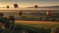 Sunset Hot Air Balloon Ride Over Beautiful Napa Valley, California, United States - Generative AI