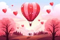 Hot air balloon ride for two, with colorful balloons and a scenic landscape below. Valentine's day Royalty Free Stock Photo