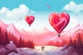 Hot air balloon ride for two, with colorful balloons and a scenic landscape below. Valentine's day Royalty Free Stock Photo