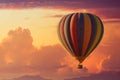 A hot air balloon rising under partly cloudy skies during a brillant sunset Royalty Free Stock Photo