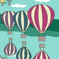 Hot air balloon by the river vector illustration background greeting card