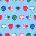 Hot air balloon seamless pattern. Baby shower vector illustration on blue sky background.