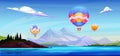 Hot air balloon in sky above the sea water cartoon