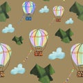 Hot air balloon in sky across blue clouds, green mountains on brown background. Seamless pattern. Kids, stationery, passport, pack Royalty Free Stock Photo