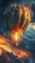 Hot air balloon in a stormy sky, fire glowing, wind swirling, rain pelting, sunset glow, diagonal view