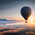 hot air balloon in the sunset evening sky and pure cloud copy space, artificial intelligence, generative ai