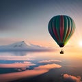 hot air balloon in the sunset evening sky and pure cloud copy space, artificial intelligence, generative ai