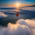 hot air balloon in the sunset evening sky and pure cloud copy space, artificial intelligence, generative ai