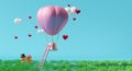 Hot air balloon and Teddy bear with heart shaped and ladder on grass for Valentine`s Day background in sky blue pastel compositio Royalty Free Stock Photo
