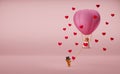 Hot air balloon and Teddy bear with heart shaped for Valentine`s Day background in pink pastel composition ,3d illustration or 3d Royalty Free Stock Photo