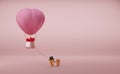 Hot air balloon and Teddy bear with heart shaped for Valentine`s Day background in pink pastel composition ,3d illustration or 3d Royalty Free Stock Photo