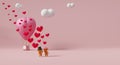 Hot air balloon and Teddy bear with heart shaped for Valentine`s Day background in pink pastel composition ,3d illustration or 3d Royalty Free Stock Photo