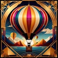 Hot air balloon transport, elegant vintage retro art deco style illustration