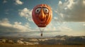 Hot Air Balloon With A Unique Face Design Floats Over A Scenic Landscape. Ideal For Adventure, Travel, And Fantasy