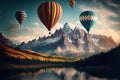 Hot air balloons in the air above the lake and mountains. Generative AI Royalty Free Stock Photo