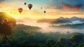 Hot air balloons above the mountains. Colorful hot air balloons flying over mountain. panorama Royalty Free Stock Photo