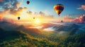 Hot air balloons above the mountains. Colorful hot air balloons flying over mountain. panorama Royalty Free Stock Photo