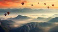 Hot air balloons above the mountains. Colorful hot air balloons flying over mountain. panorama Royalty Free Stock Photo