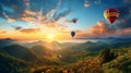 Hot air balloons above the mountains. Colorful hot air balloons flying over mountain. panorama Royalty Free Stock Photo