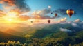 Hot air balloons above the mountains. Colorful hot air balloons flying over mountain. panorama Royalty Free Stock Photo