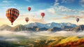 Hot air balloons above the mountains. Colorful hot air balloons flying over mountain. panorama Royalty Free Stock Photo