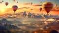 Hot air balloons above the mountains. Colorful hot air balloons flying over mountain. panorama Royalty Free Stock Photo