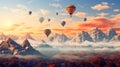 Hot air balloons above the mountains. Colorful hot air balloons flying over mountain. panorama Royalty Free Stock Photo