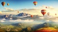 Hot air balloons above the mountains. Colorful hot air balloons flying over mountain. panorama Royalty Free Stock Photo